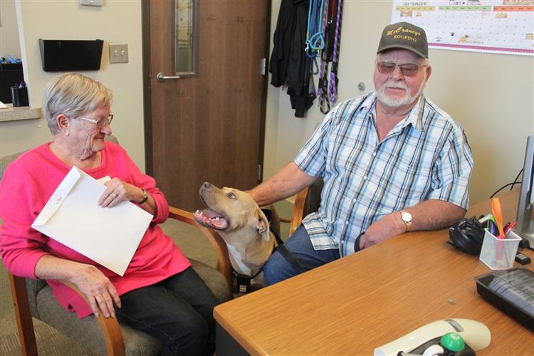 An older woman and an older man sit at a desk with a tan pit bull type dog between them