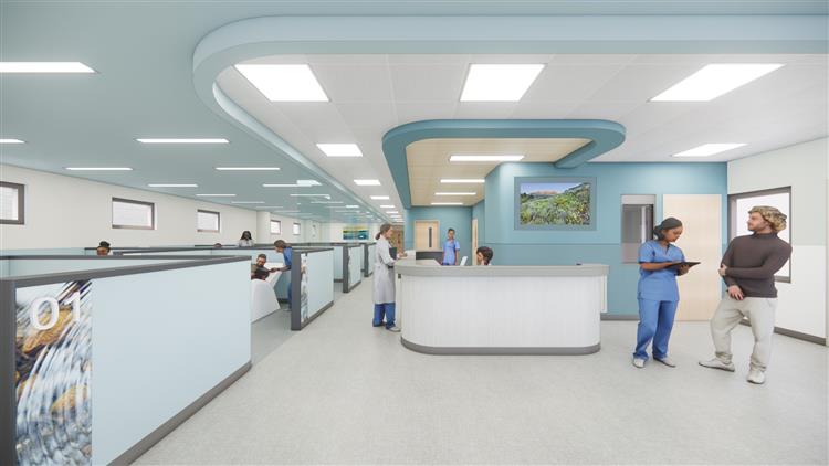 A modern, well-lit hospital or clinic interior with a central nurses